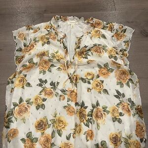 Yellow Rose Print Ruffle Blouse